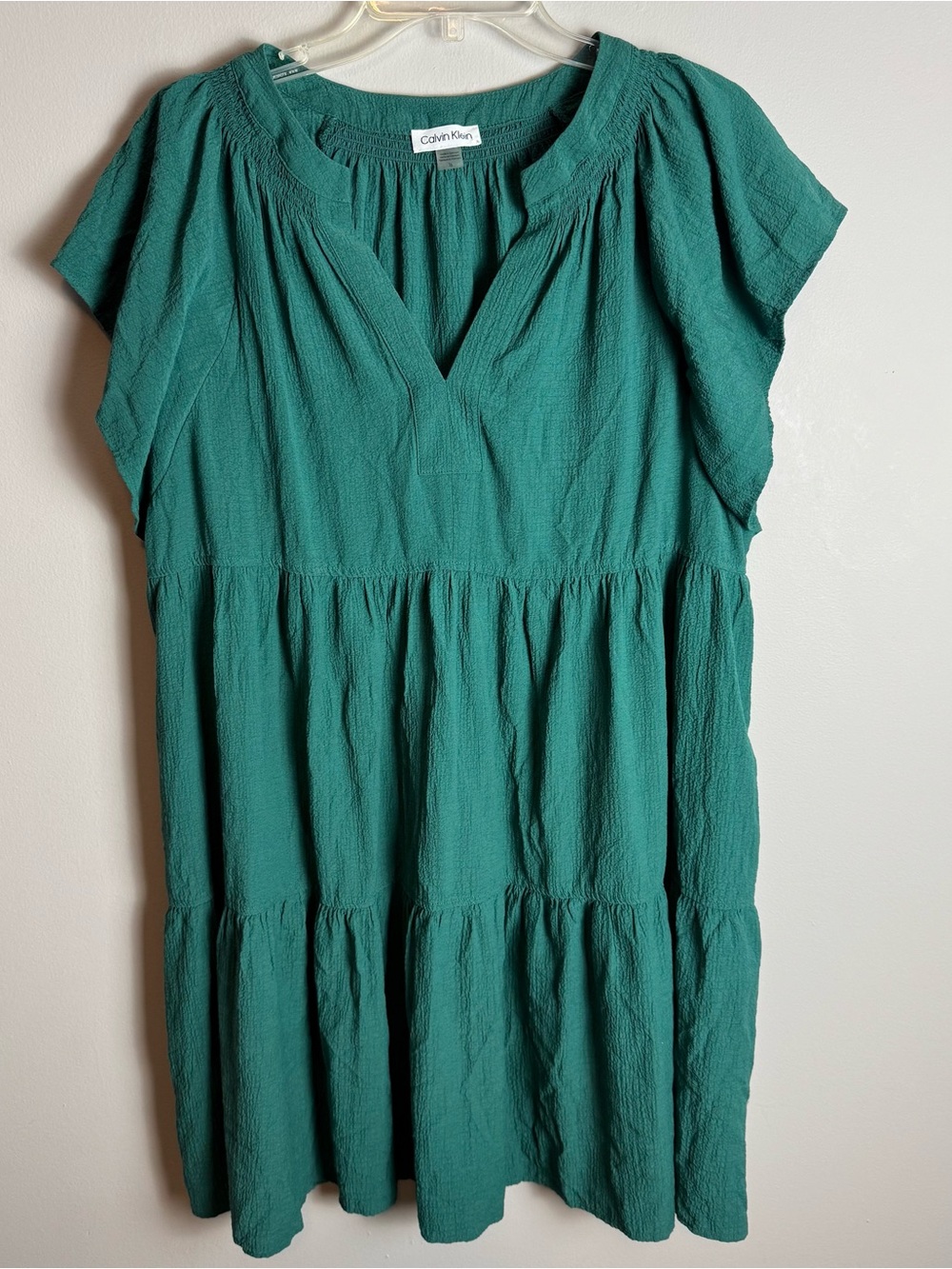 Calvin Klein Gauze Slit Neck Tiered Emerald Green Swing Midi Dress Size 16 - Picture 4 of 12